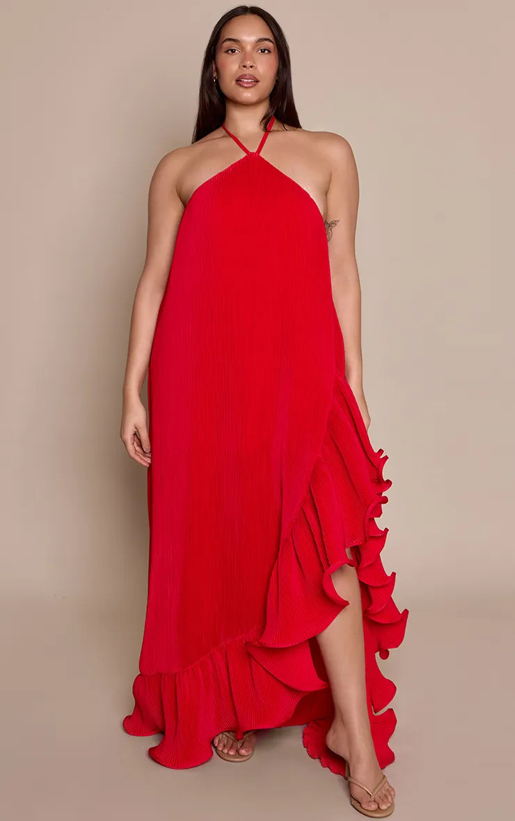 Red Satin Plisse Frill Detail Maxi Dress | PrettyLittleThing USA | PrettyLittleThing US