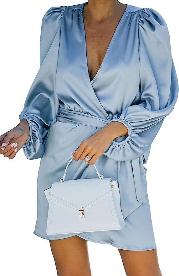 Linsery Women's Elegant Long Sleeve Wrap V Neck Short Satin Wrap Dress | Amazon (US)