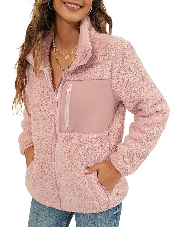 VVK Women's Fashion Faux Shearling Shaggy Full Zip Coats Warm Winter Patchwork Jackets with Pocke... | Amazon (US)