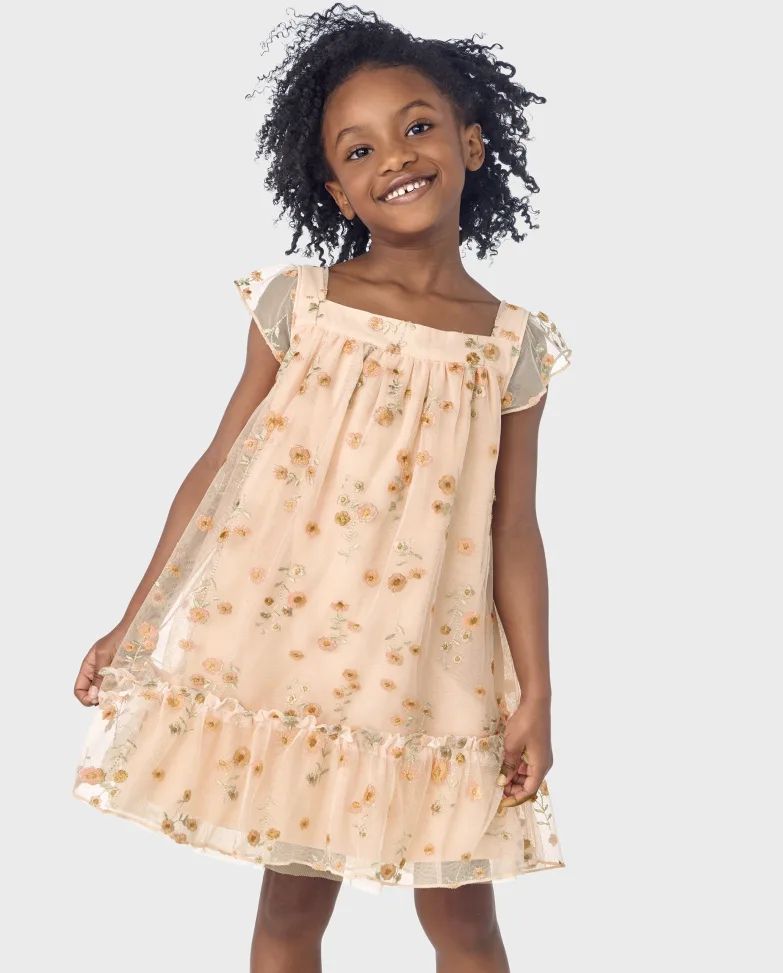 Girls Embroidered Floral Mesh Ruffle Dress - All Dressed Up - tropical peach | The Children's Place