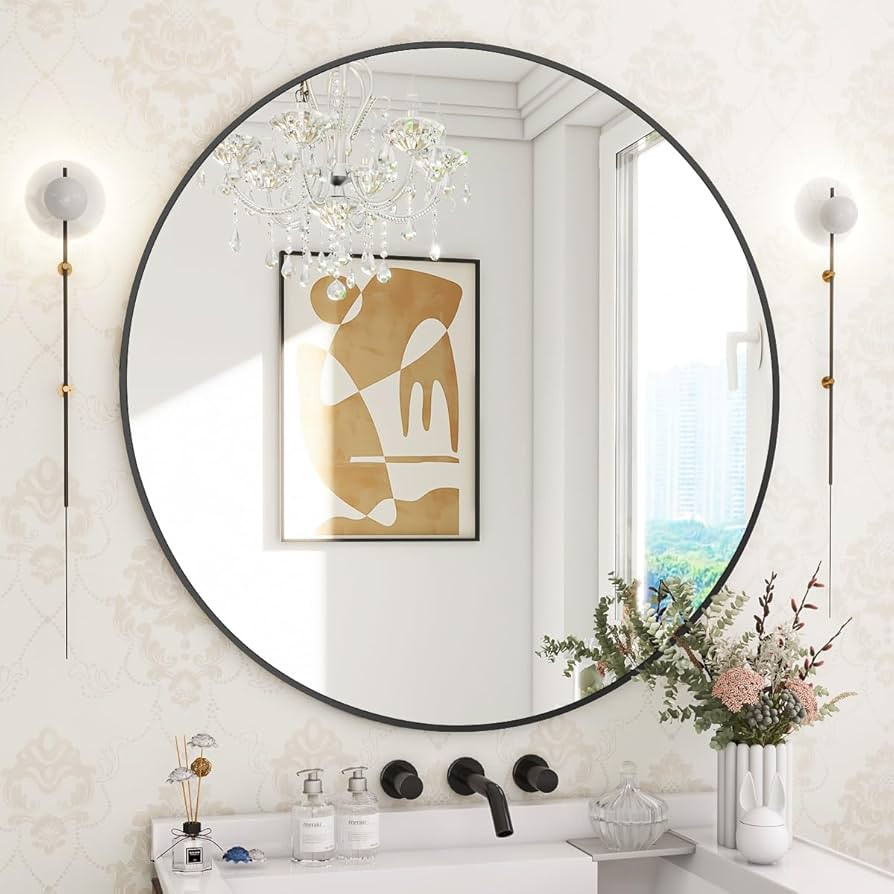 BEAUTYPEAK 30 Inch Round Mirror, Metal Frame Circle Mirror, Wall Mounted for Entryway, Bathroom, ... | Amazon (US)