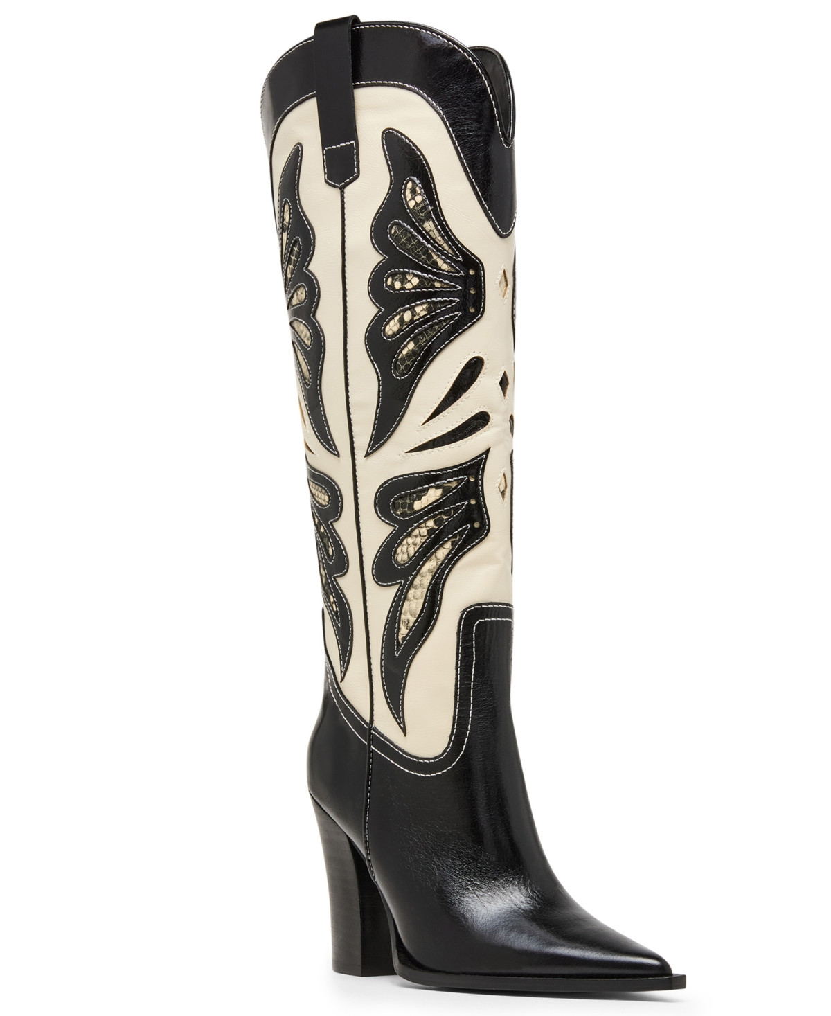 Steve Madden Women's Kaz Knee-High High-Heel Western Cowboy Boots - Black/White Multi | Macy's