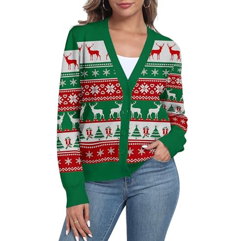 Women's Christmas Reindeer Sweater Funny Christmas Reindeer Tree Ugly Pullover Snowflake Long Sleeve Sweater Shirt Holiday Xmas Cardigans Green S | Amazon (US)