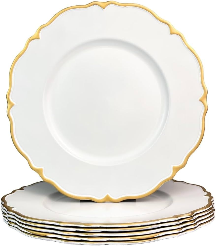 White Scalloped Charger Plates with Gold Rim, 13" Plastic Decoration Charger for Dinner Plates, W... | Amazon (US)