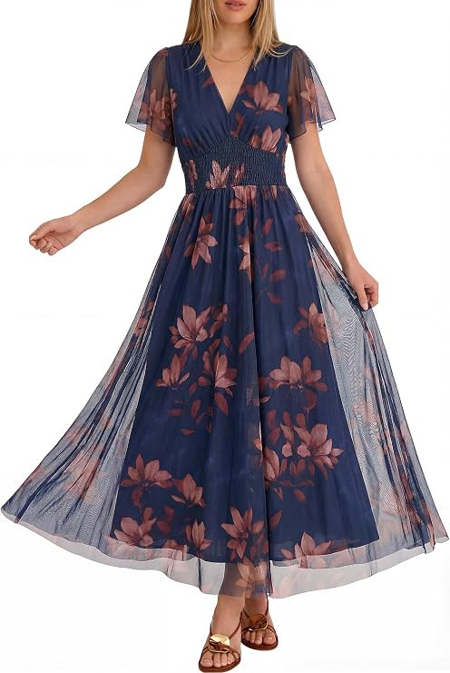 ANRABESS Women Summer Floral Maxi Dress Short Sleeve Boho Flowy Tulle Beach Vacation Wedding Gues... | Amazon (US)