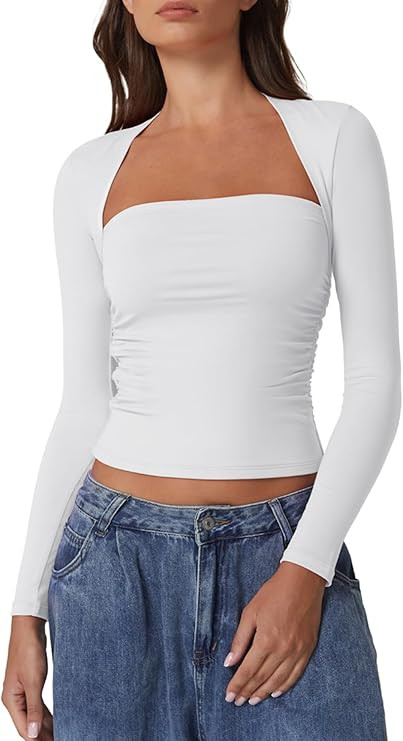 QINSEN Long Sleeve Square Neck Tops for Women Double Lined Side Ruching Going Out Shirts Basic Te... | Amazon (US)