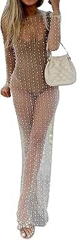 NUFIWI Women Sexy See Through Pearl Rhinestone Cover Up Summer Beach Sheer Mesh Long Dress Bikini... | Amazon (US)