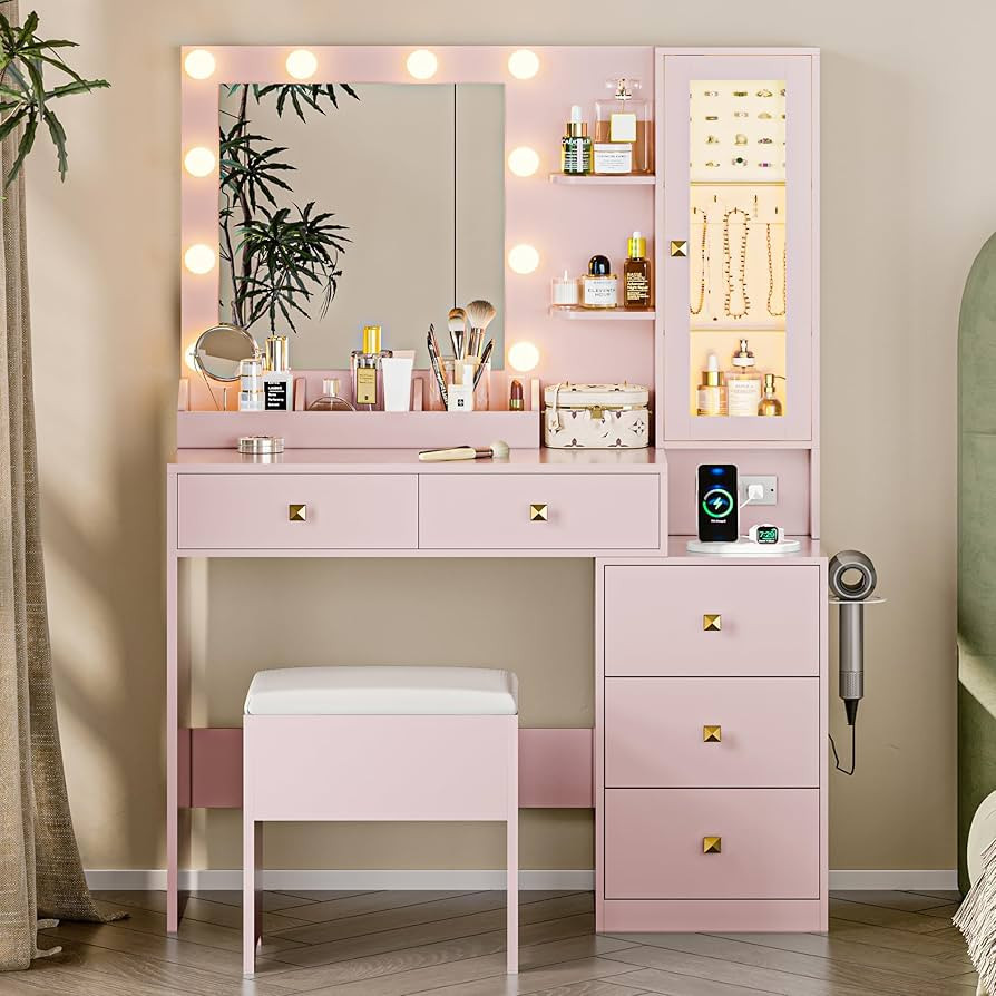 Vanity Desk with Mirror and Lights, Pink Makeup Vanity with 5 Drawers Hidden Jewelry Organizer& L... | Amazon (US)