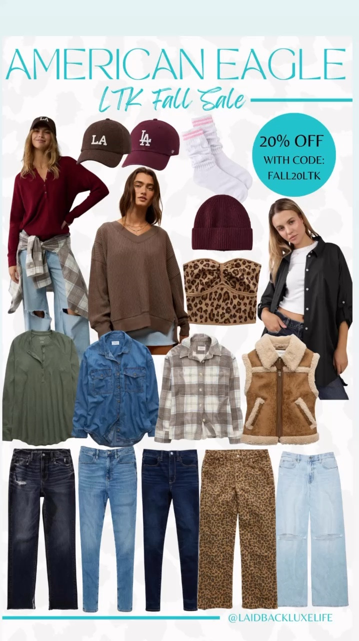 American Eagle Sale, LTK Fall Sale 9/26-9/29, Use code FALL20LTK for 20% off during checkout, skinny jeans, baseball cap, plaid shirt, burgundy trend, leopard trend, denim shirt, slouchy socks, leopard jeans, fall outfits, fall fashion, #LaidbackLuxeLife

I wear small in American Eagle tops and 6 or 8 long in jeans.

Follow me for more fashion finds, beauty faves, lifestyle, home decor, sales and more! So glad you’re here!! XO, Karma

#LTKFallSale #LTKSaleAlert #LTKVideo