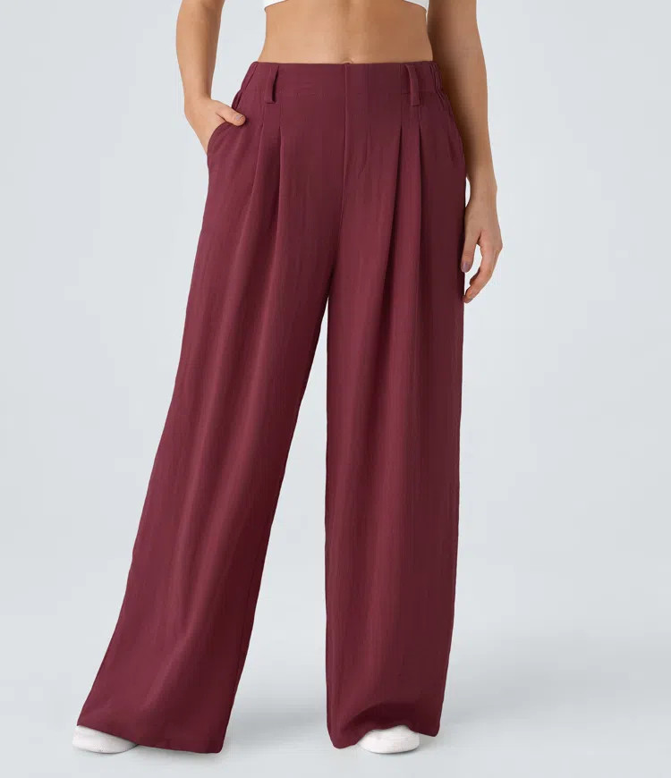 Women’s High Waisted Side Pocket Wide Leg Flowy Solid Palazzo Casual Linen-Feel Pants - Halara | HALARA