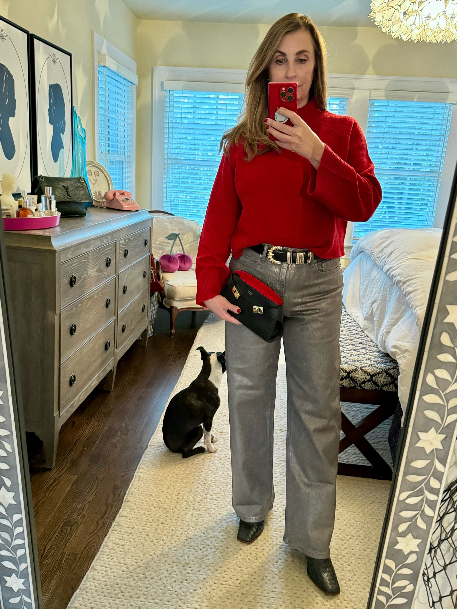 Wide leg denim with a bit of sheen mean these jeans are worthy of a night out!
Pops of red are always a good idea. ♥️ 
My belt mixes gold and silver and goes with everything. 

#LTKFindsUnder50 #LTKSaleAlert #LTKHoliday