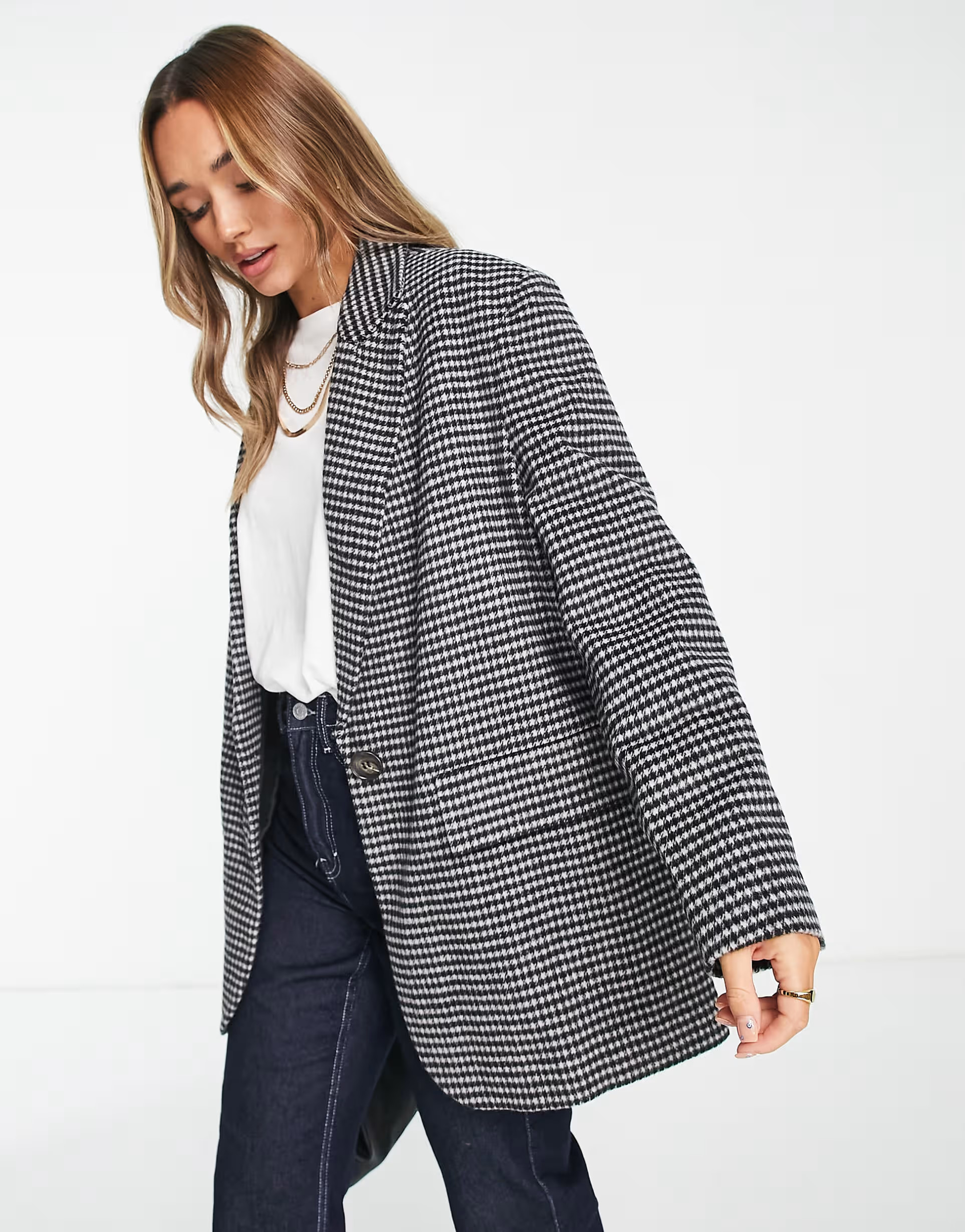 ASOS DESIGN brushed houndstooth grandad wool mix jacket in black & white | ASOS (Global)