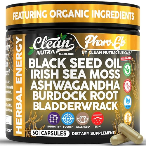 Clean Nutra Black Seed Oil Capsules + Sea Moss Ashwagandha Burdock Root Bladderwrack Seaweed Skin Detox Stress Relief Immune Support Focus Supplement Nigella Sativa 60 Pills | Amazon (US)