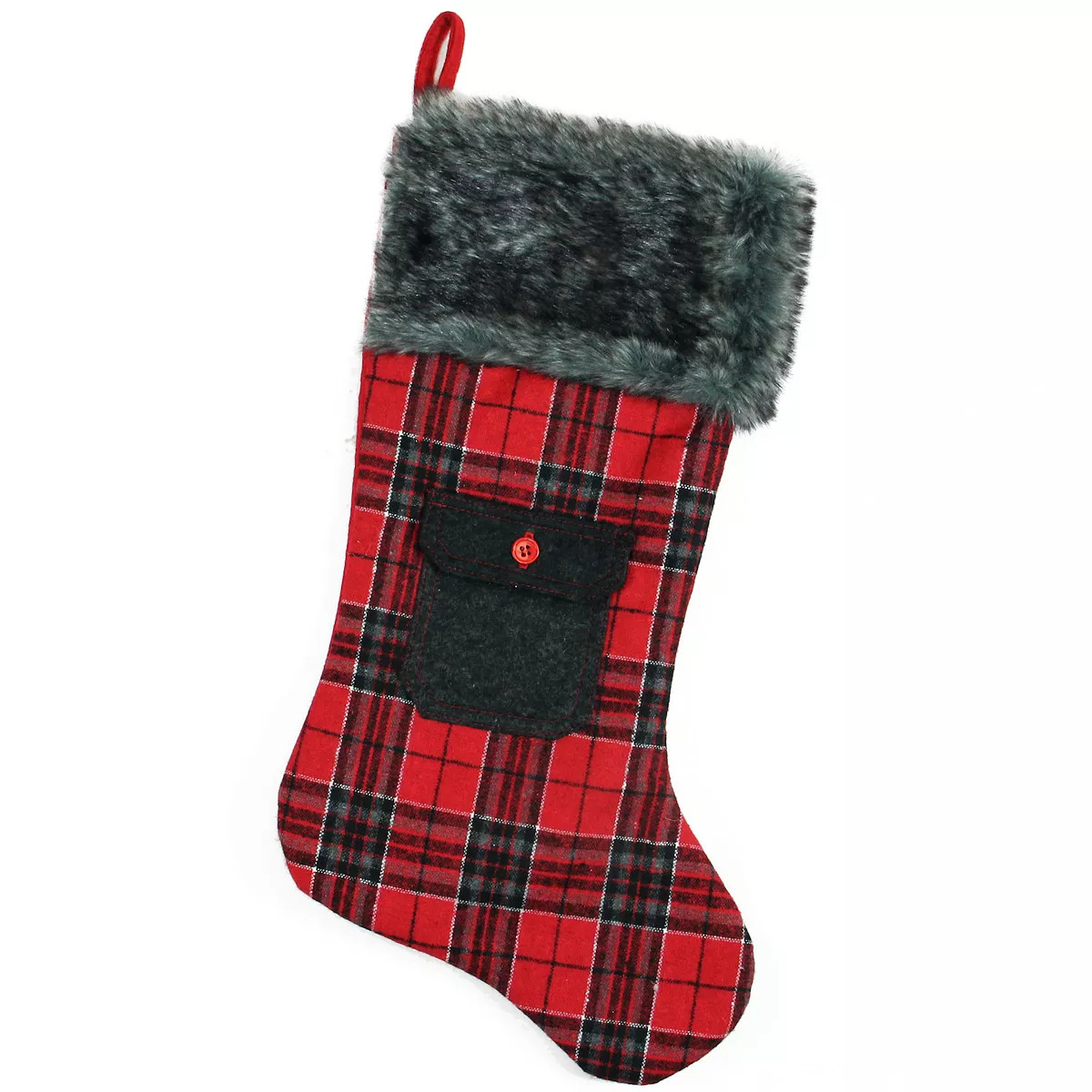 20.5" Red and Black Plaid Christmas Stocking with Pocket and Faux Fur Cuff | Kohl's