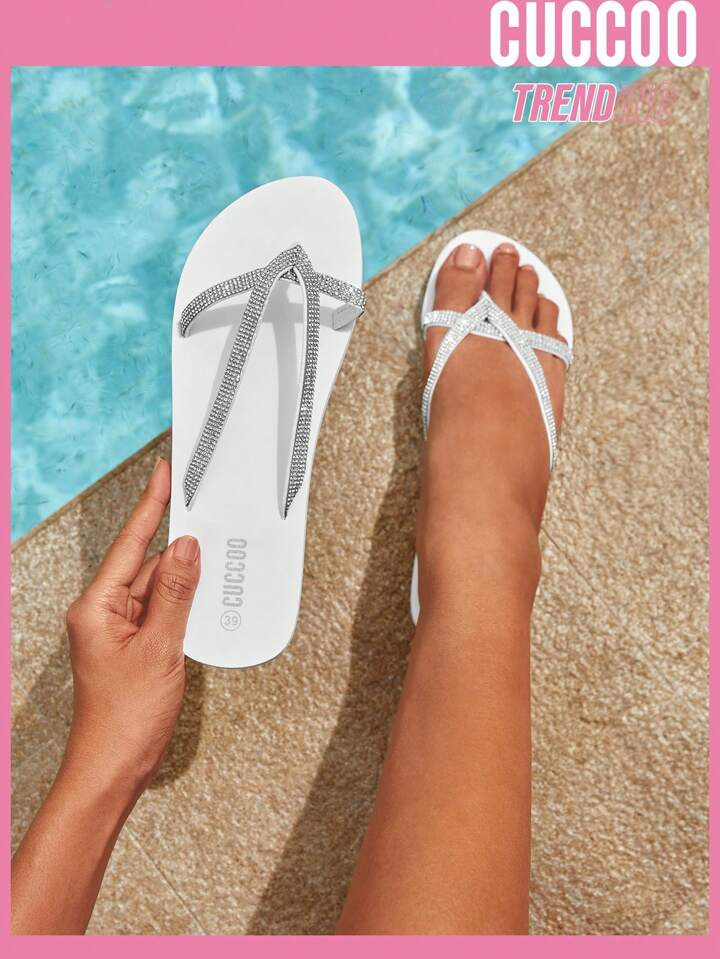 CUCCOO Trending Women Rhinestone Decor Flip Flops, Fashionable White Glass Slippers | SHEIN
