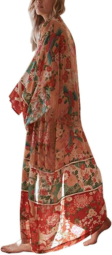 Women Kimono Cover Ups Floral Print Long Beach Cardigan Sexy Chiffon Duster Open Front Swimsuit | Amazon (US)