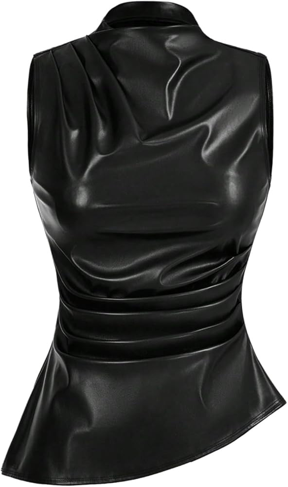 WDIRARA Women's Plus Size Mock Neck PU Leather Tank Top Ruched Sleeveless Asymmetrical Tops | Amazon (US)