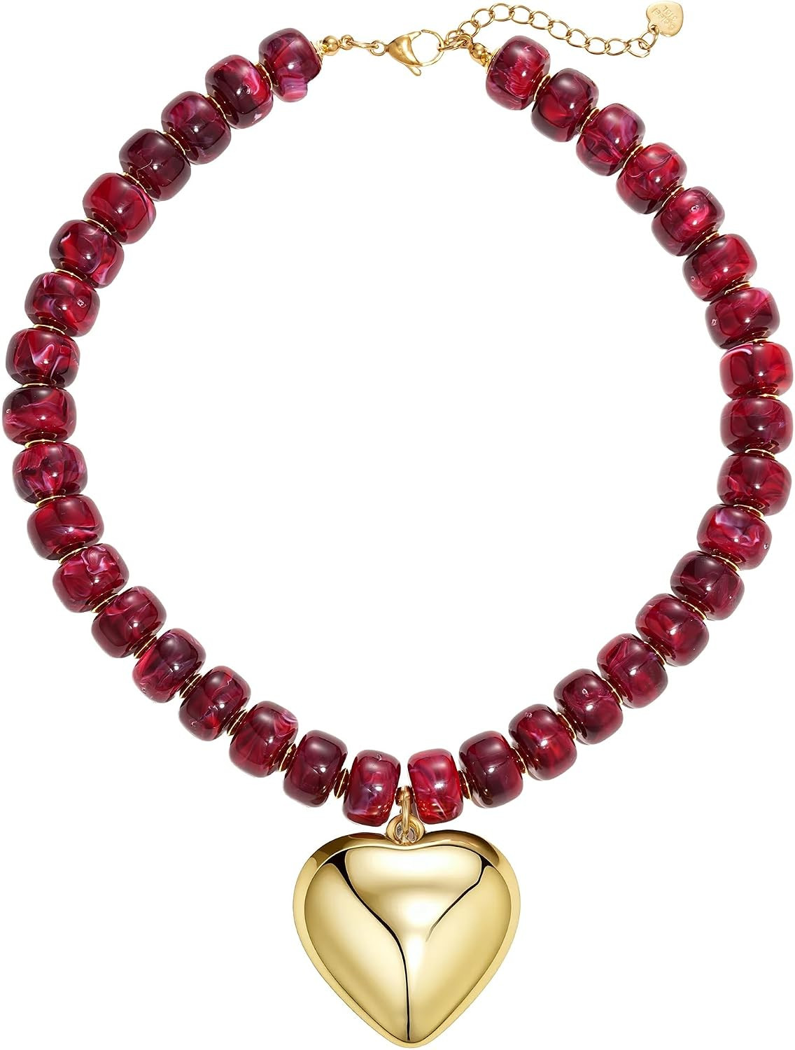 MIUSISHIYU Burgundy Red Faux Marble Resin Chunky Necklaces for Women, Trendy Beaded Puffy Gold Heart Pendant Statement Choker, Lightweight Boho Y2K Summer Beach Jewelry | Amazon (US)