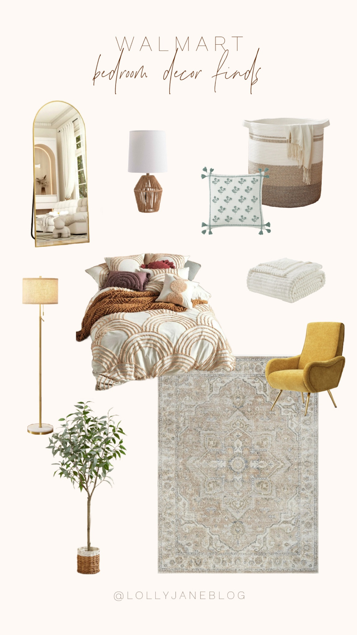 Walmart home decor finds and favorites! 👏🏼

Having a cute and fun bedroom is one of our favorite parts of home decor, and Walmart has therse super adorable finds for any bedroom style! There always has to have a cute rug, but this cute bedding set goes perfectly with the gold mirror and floor and table lamps. Fake Olive trees, and a yellow arm chair, and a blanket basket with a white blanket. All these finds are simple but great ways to elevate any space! 

#LTKsalealert #LTKhome #LTKMostLoved