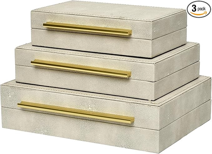 Faux Shagreen Decorative Storage Boxes – Set of 3 Stackable Jewelry Organizers with Gold Metal ... | Amazon (US)