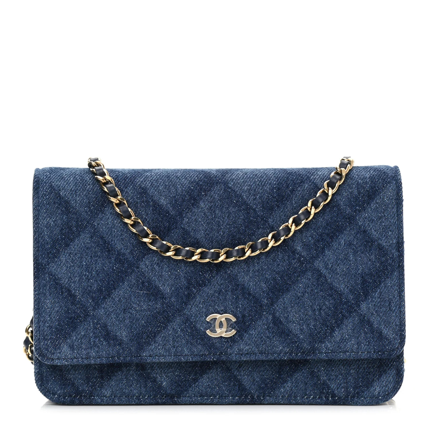 CHANEL Denim Printed Wallet On Chain WOC Dark Blue | FASHIONPHILE (US)
