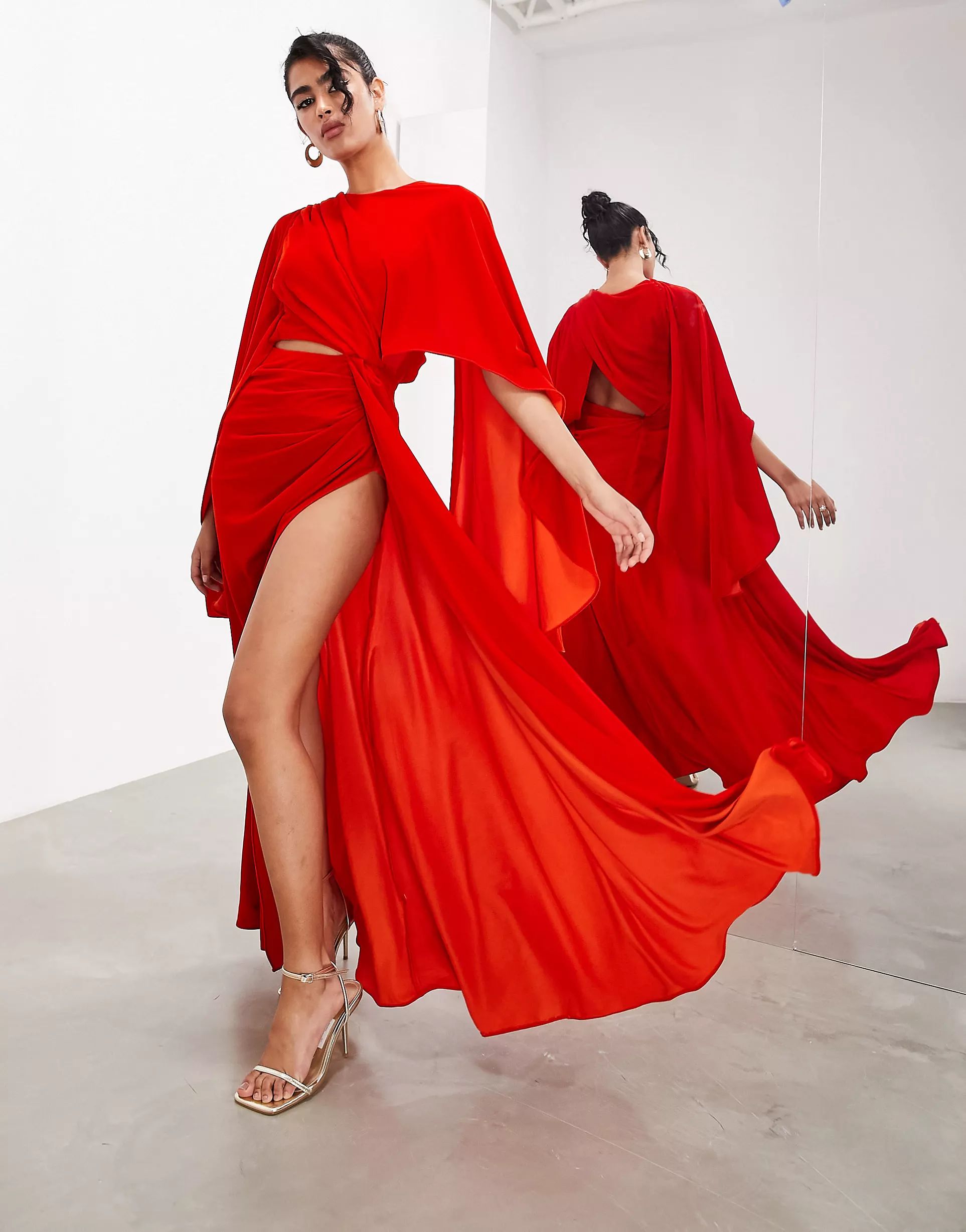 ASOS EDITION velvet volume flare sleeve grecian cut out maxi dress in red | ASOS (Global)