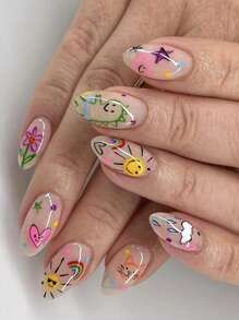 24PCS Short Round Nails, Cute Cartoon Sun Rainbow Clouds Dinosaur Fake Nails, Suitable For Girls'... | SHEIN
