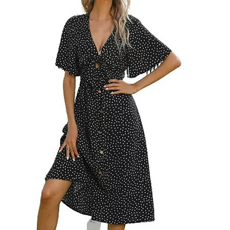 LWZWM Womens Summer Dresses Casual Vacation Dress Dot Print Long Sleeve V-Neck Sundress Dress Tropic | Walmart (US)