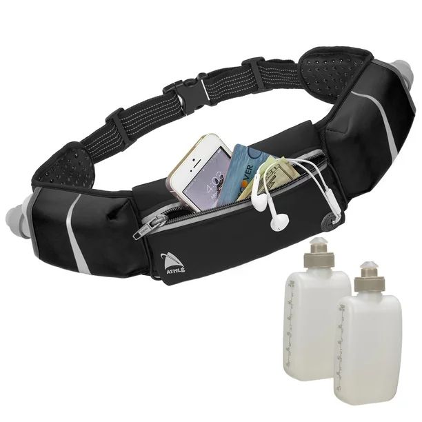 Athle Sport Running Belt - with 2 10oz Water Bottles Holder Bag and Large Fanny Pack Pocket, Blac... | Walmart (US)