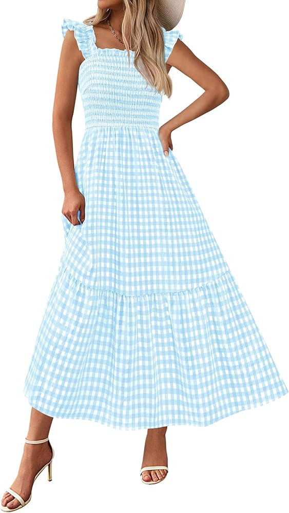 PRETTYGARDEN Womens Summer Dress Casual Square Neck Ruffle Strap Gingham Smocked Midi Flowy A Lin... | Amazon (US)
