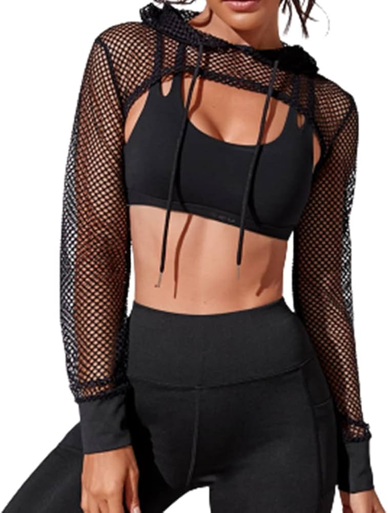 SIQITECHNO Womens Mesh Fishnet Long Sleeve Hoodie Drawstring Pullover Crop Top Hoodie Hollow Out ... | Amazon (US)