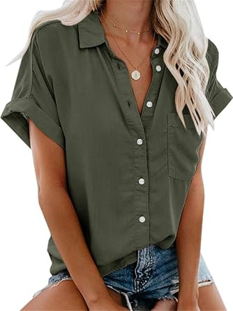 Beautife Womens Short Sleeve Shirts V Neck Collared Button Down Shirt Tops with Pockets | Amazon (US)