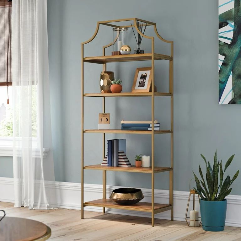 Sauder International Lux 5 Shelf Gold Metal Frame Bookcase, Sindoori Mango Finish | Walmart (US)