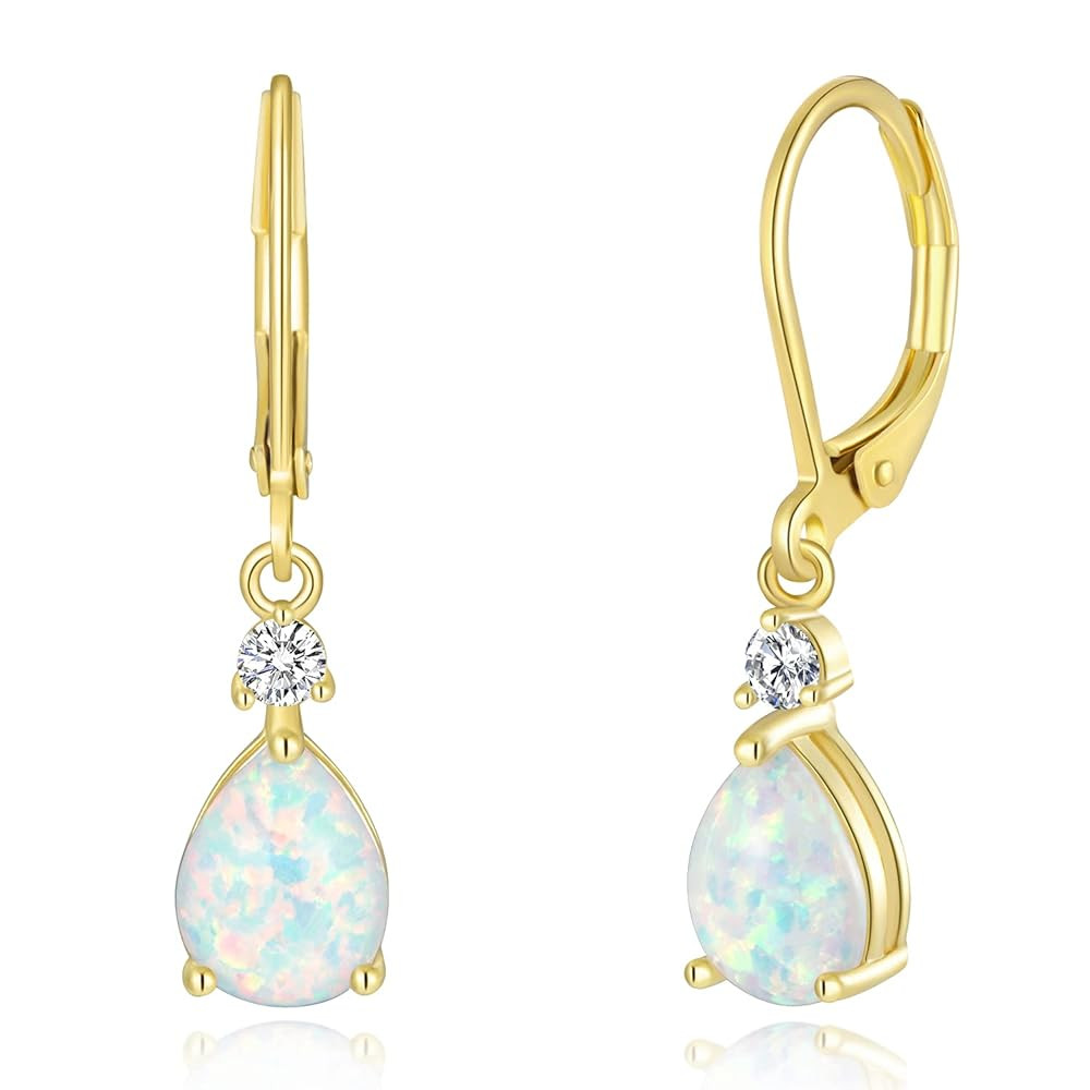 CiNily Leverback Opal Dangle Drop Earrings For Women Girls 14K Gold Plated Teardrop Earrings | Amazon (US)