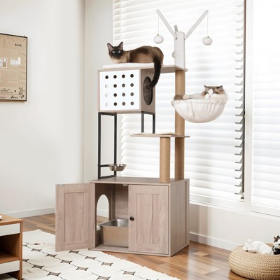 Space-Saving Cat Tree with Litter Box Enclosure, Feeding Bowl, and Scratching Posts, 21.3" L x 16.5" W | Target