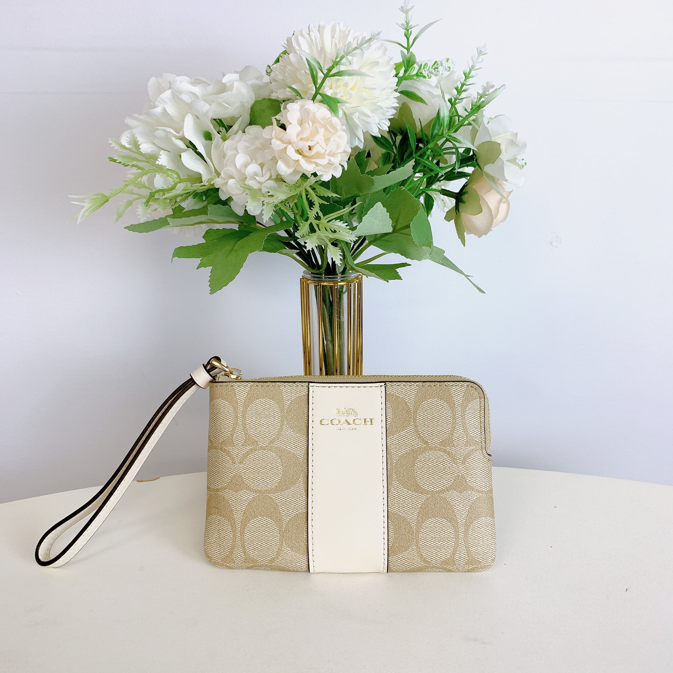 Coach Women's Small Corner Zip Wristlet in Signature Canvas (Light Khaki / Chalk) | Walmart (US)