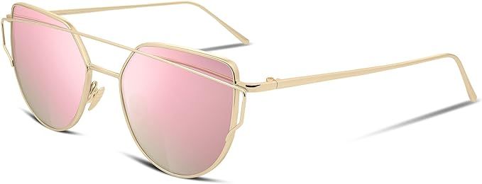 FEISEDY Cat Eye Fashion Metal Frame Mirrored Flat Lenses Women Sunglasses B2206 | Amazon (US)
