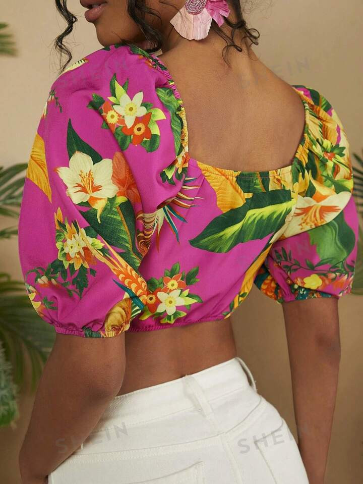 SHEIN VCAY Tropical Print Tie Front Short Crop Top For Women, Summer And Valentine's Day | SHEIN