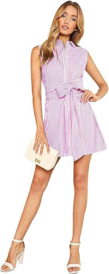 Romwe Women's Cute Striped Belted Button up Collar Summer Short Shirt Dress | Amazon (US)