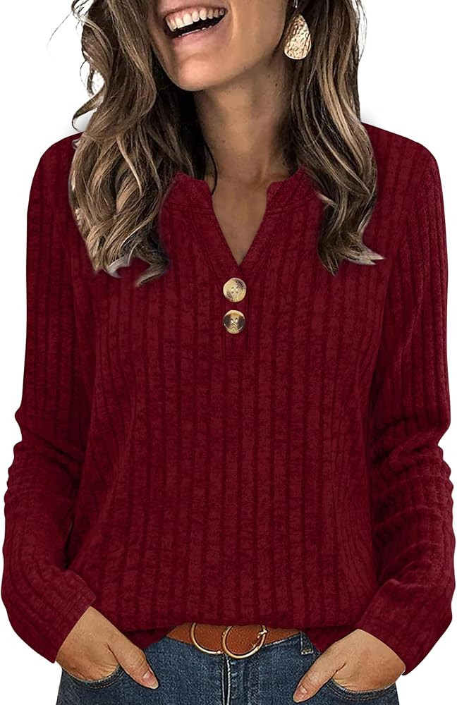 SAMPEEL Womens Sweaters Lightweight Long Sleeve Shirts V Neck Tops with Button Fall Outfits 2025 | Amazon (US)