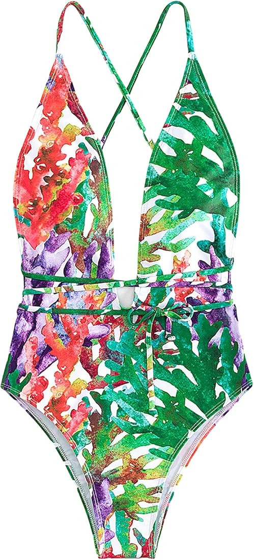 MakeMeChic Women's Sexy One Piece Bathing Suit Printed Criss Cross Self Tie Plunge Neck One Piece... | Amazon (US)