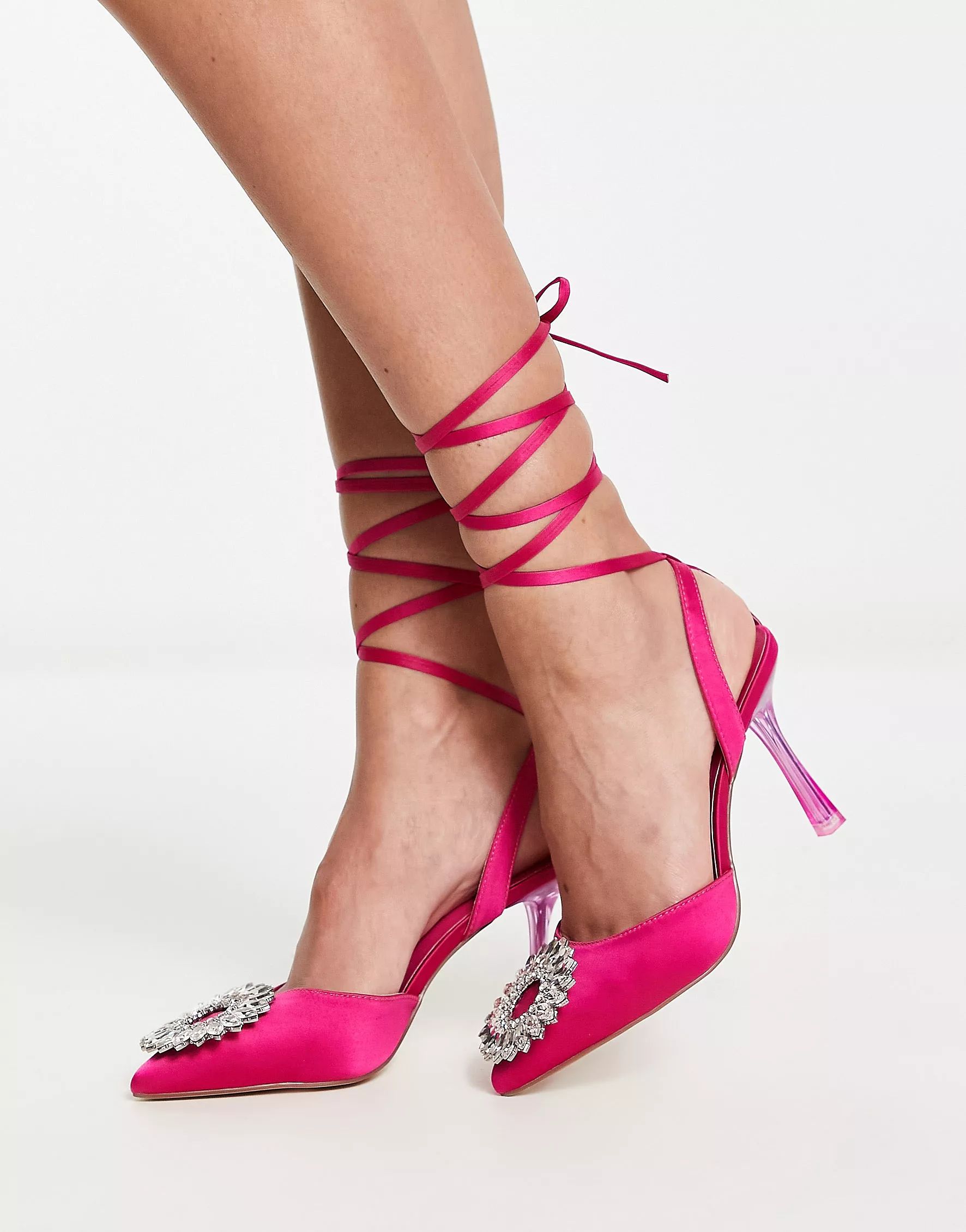 French Connection embellished toe heeled shoes in pink satin | ASOS (Global)
