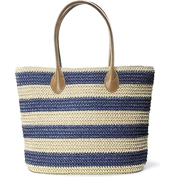 Striped Synthetic Straw Women's Tote Light Weight Vaction Shoulder Handbag | Amazon (US)