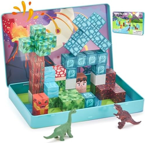 hahaland Mini Magnetic Blocks Travel Set with Magnetic Case - 52 PCS Magnet Building Cubes Dinosa... | Amazon (US)