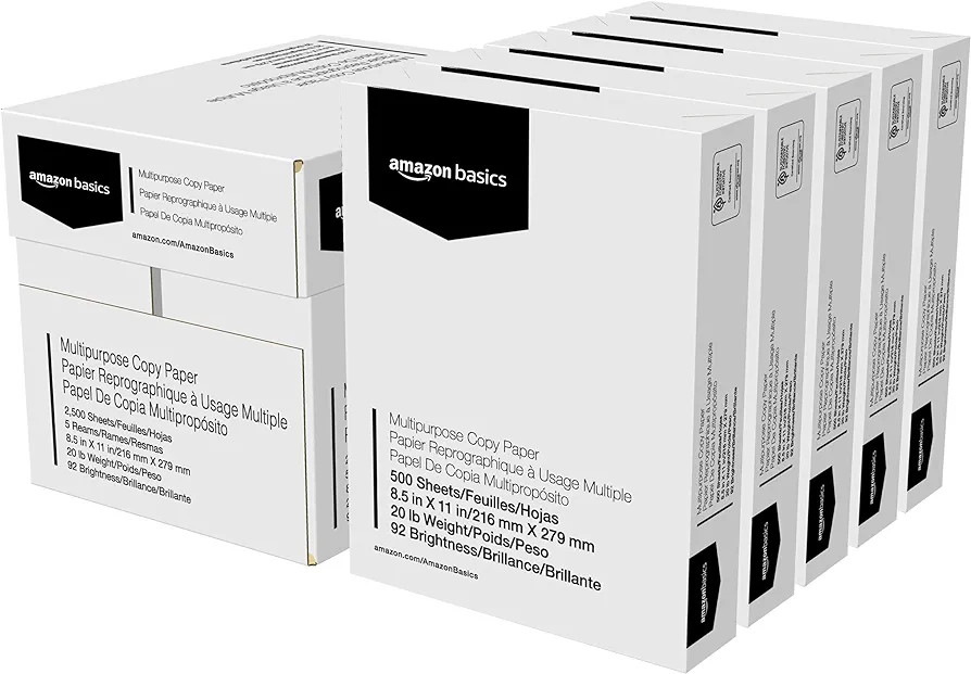 Amazon Basics Multipurpose Copy Printer Paper, 8.5" x 11", 20 lb, 5 Reams, 2500 Sheets, 92 Bright... | Amazon (US)