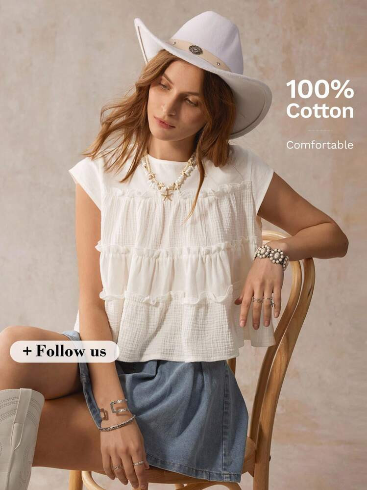 Wildy American Country Style Loose White Short Sleeve Office Casual Shirt Western Wear Women Bohemia Boho Women's Clothing Babydoll Top White Outfits For Women White Top | SHEIN