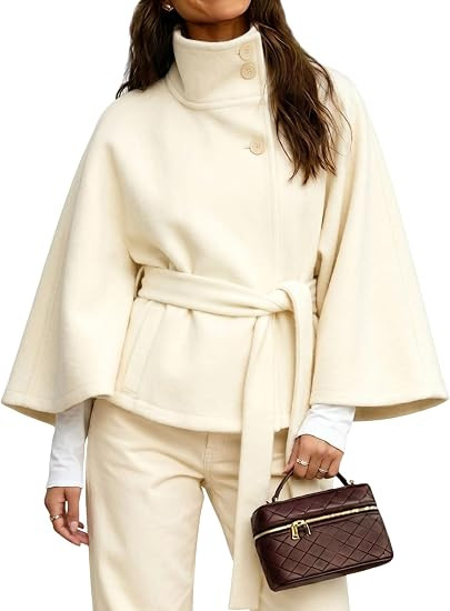 Hooever Women Batwing Sleeve Ponchos Pea Coat Wool Blend Stand Collar Jacket Winter Cropped Overc... | Amazon (US)