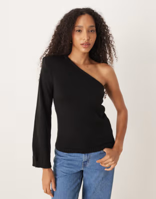 ASOS DESIGN knitted one shoulder top with shoulder pads in black | ASOS | ASOS (Global)