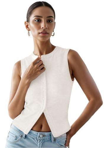 Women’s Button Down Tank Tops Ribbed Summer Vest Button Up Open Front Sleeveless Slim Fit Crop Going Out Tops | Amazon (US)