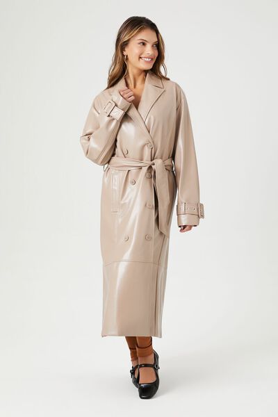 Faux Leather Double-Breasted Trench Coat | Forever 21